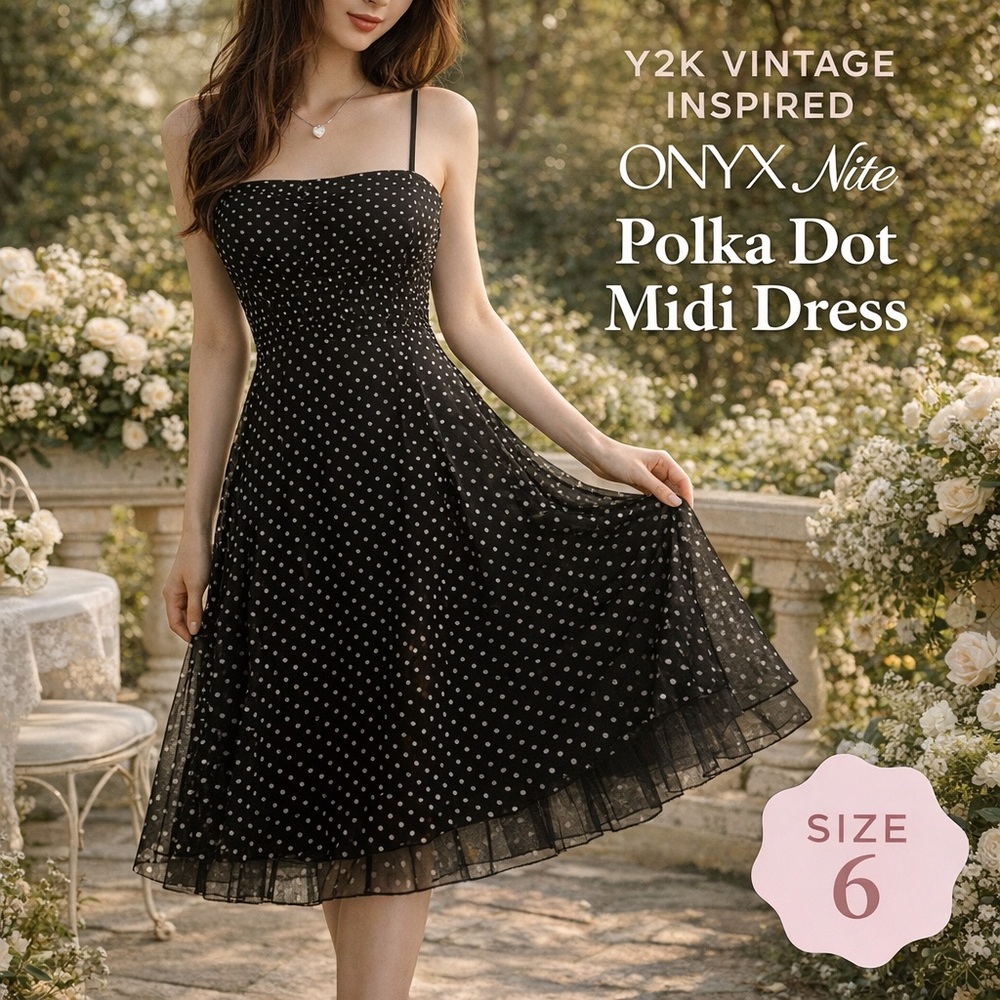 Y2K vtg Polka Dot Midi Dress womens 6 Black white Sheer Soft Girl Romantic fairy